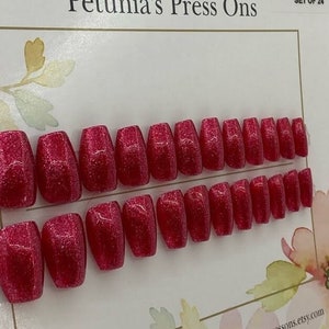 Set of 24 short coffin, ready to ship press on nails. Metallic bright red