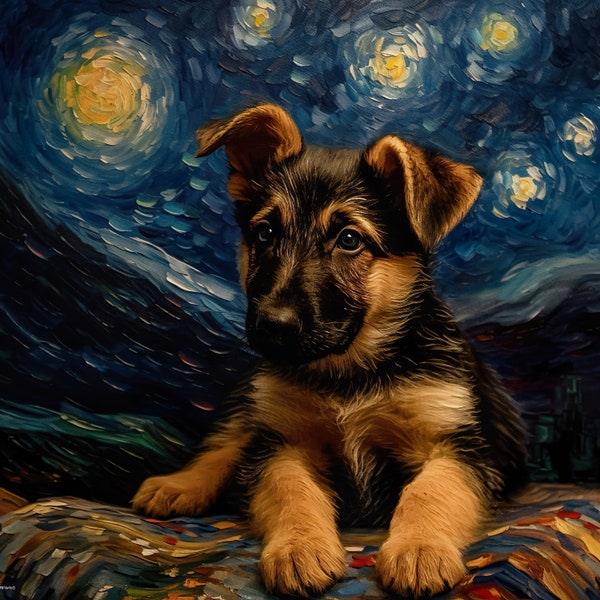 Starry Night German Shepherd Puppy Wall Art Portrait Dog Room Decor Printable Downloadable Living Room Art Design Digital JPG File