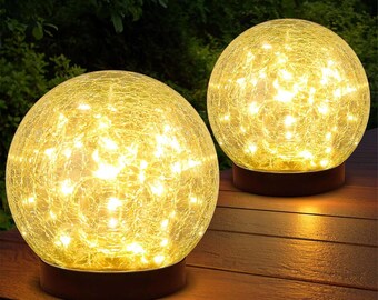 2-Pack Garden Solar Lights Outdoor, Cracked Glass Ball Light Waterproof, Decorative Solar Globe Lights Warm White for Yard Pathway Patio Law