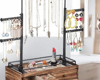Elegant 2-Layer Wooden Jewelry Organizer with 6-Tier Jewelry Tree Stand – Drawer Storage Box for Rings, Earrings, Necklaces & Bracelets