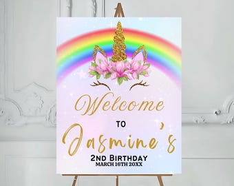 Rainbow Unicorn Birthday Welcome Sign: Editable Floral Party Decor (Digital Download)