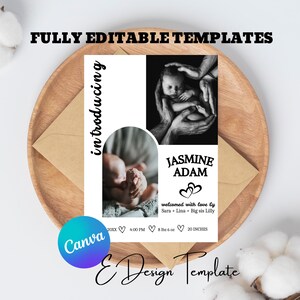 Customizable Baby Announcement Template, Photo Birth Card with Front and Back Design, Editable Announcement, Printable Newborn Card