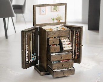 Rustic Wooden Jewelry Box for Women – 6-Layer Jewelry Organizer with Mirror & Drawers
