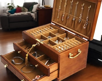 Wooden Jewelry Box with Lock: Antique Style Organizer, Necklace Hooks