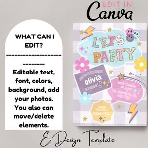 Peut inclure: Un mod&egrave;le d'invitation de f&ecirc;te d'anniversaire personnalisable avec un sch&eacute;ma de couleurs pastel et une banni&egrave;re "Let's Party". Le mod&egrave;le pr&eacute;sente un fond &agrave; carreaux, une bulle de dialogue avec le texte "Join us to celebrate Olivia is turning 9" et un graphique en forme d'&eacute;clair. Le texte "Edit in Canva" est en haut de l'image.