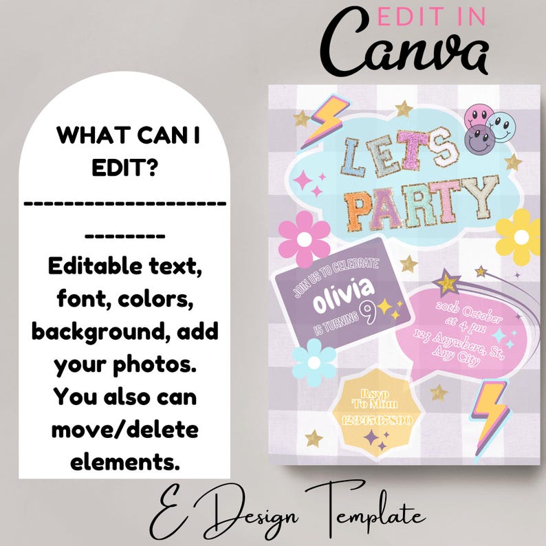Peut inclure: Un mod&egrave;le d'invitation de f&ecirc;te d'anniversaire personnalisable avec un sch&eacute;ma de couleurs pastel et une banni&egrave;re "Let's Party". Le mod&egrave;le pr&eacute;sente un fond &agrave; carreaux, une bulle de dialogue avec le texte "Join us to celebrate Olivia is turning 9" et un graphique en forme d'&eacute;clair. Le texte "Edit in Canva" est en haut de l'image.