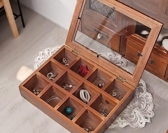 Wooden Multi-Functional Organizer Storage Box with 12 Compartments  Clear Lid