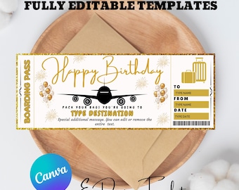 Modello di biglietto di viaggio per compleanno a sorpresa: carta d'imbarco modificabile (download digitale)