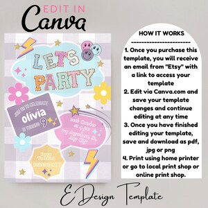 Peut inclure: Un fond &agrave; carreaux blancs et violets avec une invitation de f&ecirc;te color&eacute;e. L'invitation dit "Let's Party" avec une police scintillante. L'invitation est pour la f&ecirc;te d'anniversaire de Olivia, qui a 9 ans. L'invitation comprend la date, l'heure et le lieu de la f&ecirc;te. L'invitation comprend &eacute;galement des instructions sur la fa&ccedil;on de modifier le mod&egrave;le &agrave; l'aide de Canva.