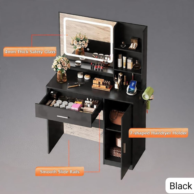 May include: Black vanity table with a lighted mirror, drawers, and storage shelves. The vanity features a 4mm thick safety glass mirror and a 7-shaped hairdryer holder. The drawers have smooth slide rails. The vanity is filled with makeup and accessories.