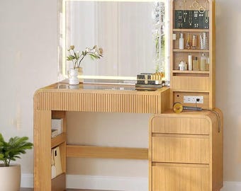 Makeup Vanity Desk with Mirror & LED Lights – Large Wooden Dressing Table with 5 Drawers