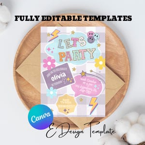 Plantilla de invitación de cumpleaños editable con parche, invitación de fiesta de chicas universitarias imprimible con parche, diseño de Canva de cumpleaños con letras de parche preppy