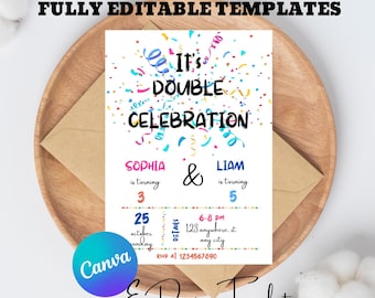 Double invitation modifiable pour une fête d'anniversaire : confettis arc-en-ciel (téléchargement numérique)