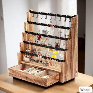 Rustic 5-Layer Wooden Earring Organizer with Necklace Holder