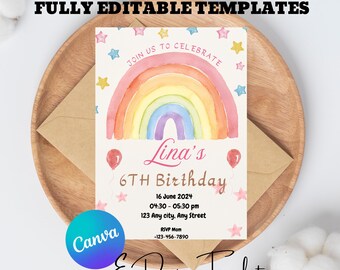 Faire-part d'anniversaire arc-en-ciel : invitation à une fête rose et or (modèle de toile modifiable)