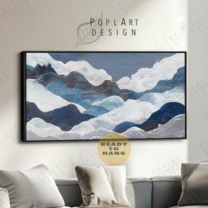 Blue Wave Framed Canvas: Japanese Coastal Line Art