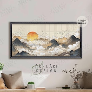 Horizontal Wall Art, Vintage Japanese Cloudy Sky, Wide Framed Wall Art, Large Framed Canvas, Panoramic Above Bed Art, Long Narrow Wide Decor