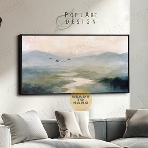 Horizontal Wall Art, Abstract Green Moody Landscape Art, Wide Framed Wall Art, Large Framed Canvas, Panoramic Above Bed Art, Long Narrow Art