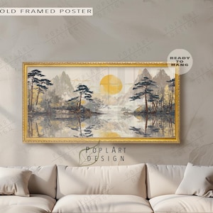 Horizontal Wall Art, Japanese Lake Landscape, Wide Framed Wall Art, Large Framed Canvas, Panoramic Above Bed Art, Long Narrow Vintage Decor