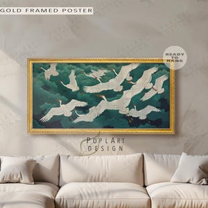 Horizontal Japanese Art, Flying Cranes, Emerald Green Birds Print, Wide Framed Wall Art, Framed Canvas, Above Bed Decor, Long Narrow Decor