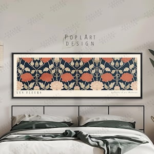 Horizontal Art, Blue and Brown Flowers, Panoramic Above Bed Decor, Long Narrow Framed Poster, Wide Art, Art Nouveau Flowers, Canvas Wall Art