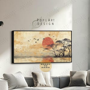 Horizontal Wall Art, Japanese Coastal Landscape, Wide Framed Wall Art, Large Framed Canvas, Panoramic Above Bed Art, Long Narrow Vintage Art