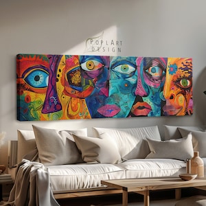 Horizontal Wall Art, Maximalist Abstract Art, Large Scale Framed Canvas, Panoramic Above Bed Decor, Long Narrow Art, Wide Framed Art