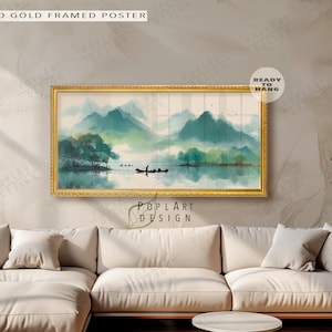 Green Mountain Lake Wall Art : Large Horizontal Tranquil Landscape Framed Canvas Poster
