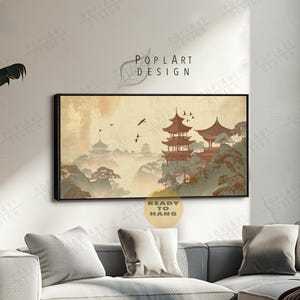 Horizontal Japanese Art, Flying Cranes, Vintage Birds Print, Wide Framed Wall Art, Large Framed Canvas, Above Bed Decor, Long Narrow Decor