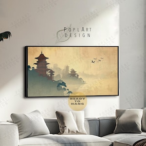 Horizontal Japanese Art, Flying Cranes, Vintage Birds Print, Wide Framed Wall Art, Large Framed Canvas, Above Bed Decor, Long Narrow Decor