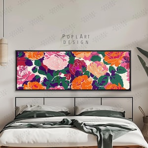 Horizontale Wandkunst, rosa Rosen, gerahmte Leinwand, Panorama-Botaniklandschaft, Blumendruck, lange schmale Leinwand, großer Druck, über dem Bettdekor
