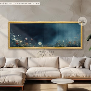 Blumengarten bei Nacht, horizontale Wandkunst, breit gerahmte Wandkunst, Panorama über dem Bett Floral, lange, schmale Kunst, große gerahmte Leinwand