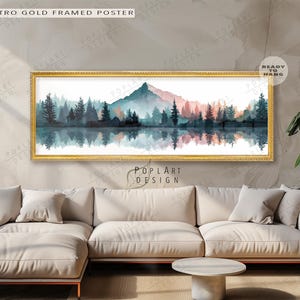 Mountain Lake Reflection Art: Long Horizontal Framed Canvas