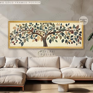 Tree of Life Horizontal Wall Art, Vintage Tapestry Wall Art, Large Framed Canvas, Framed Poster, Panoramic Above Bed Decor, Long Narrow Art