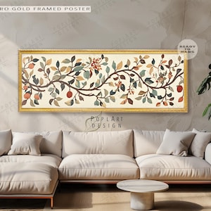 Vintage Tapestry Wall Art, Tree of Life, Horizontal Wall Art, Large Framed Canvas, Framed Poster, Panoramic Above Bed Decor, Long Narrow Art