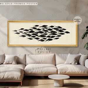 Large Horizontal Fish Wall Art, Minimalist Black and Beige Sea Creatures, Long Narrow Above Bed Decor, Wide Framed Canvas Oversize Ocean Art