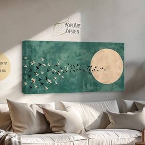 Horizontal Wall Art, Emerald Green Moon and Birds, Large Framed Canvas, Long Narrow Wall Decor, Wide Art Above Bed or Sofa, Japandi Style