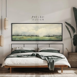 Tela incorniciata, arte murale orizzontale lunga, poster pronto da appendere, arte murale panoramica, dipinto di paesaggio verde astratto e malinconico, arte sopra il letto