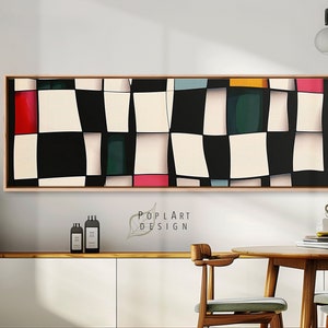 Geometric Horizontal Mid Century Modern Wall Art, Abstract Art Print, Oversize Framed Canvas, Framed Poster, Black And White Panoramic Decor