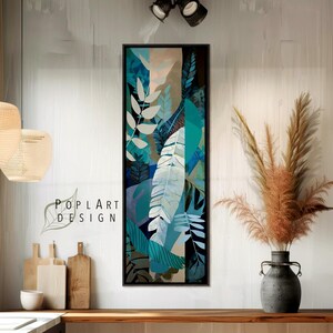 Blue Tropical Floral Canvas Art: Long Narrow Vertical Framed Poster