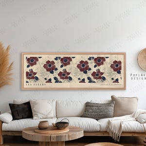 Art Nouveau Burgundy Flowers Wall Art: Long Horizontal Framed Canvas for Above Bed