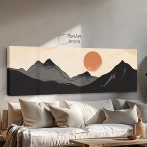 Long Horizontal Framed Art, Mid Century Terracotta Mountains, Large Framed Canvas, Panoramic Above Bed Decor, Framed Wall Art, Wide Wall Art