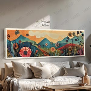 Horizontale Wandkunst, Mid Century Blumen, Panorama über Bett-Dekor, lange schmale Kunst, breite Landschaftskunst, Berg gerahmte Leinwand-Wandkunst