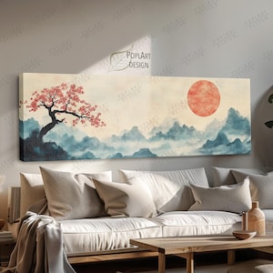 Large Horizontal Wall Art, Japanese Maple Tree, Vintage Sunset Landscape, Large Framed Canvas, Panoramic Above Bed Art, Long Narrow Wide Art