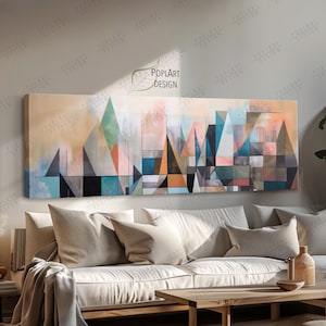 Moderne horizontale Wandkunst der Mitte des Jahrhunderts, große gerahmte Leinwand, abstrakte geometrische Landschaft, langes schmales Dekor, Panorama über Bett-Kunst
