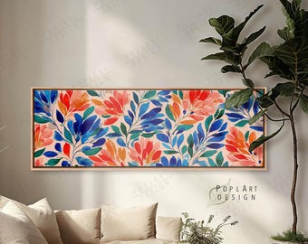 May include: A rectangular floral art piece with a wooden frame. The artwork features a pattern of blue, orange, and red flowers and leaves against a light pink background. The words "POPLART DESIGN" are visible in the lower right corner.