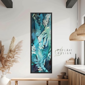 Blue Tropical Floral Canvas Art: Long Narrow Vertical Framed Poster