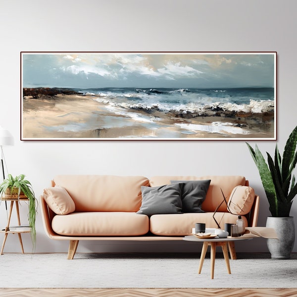 Long Horizontal Vintage Coastal Landscape, Panoramic Beach Art, Muted Coastal Watercolor Vintage Painting, Digital Printable Moody Painting