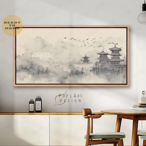 Horizontal Japanese Art, Black and Beige Flying Birds Print, Wide Framed Wall Art, Framed Canvas, Above Bed Decor, Long Narrow Decor