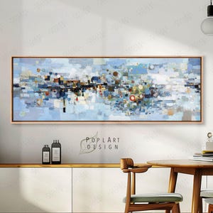 Horizontal Wall Art, Abstract Blue Color Blocks Painting, Large Framed Canvas, Long Narrow Decor, Panoramic Above Bed Decor, Wide Framed Art
